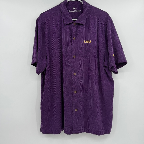Tommy Bahama Shirt Men XL Purple Silk LSU Button Up Short Sleeve Floral Hawaiian - Picture 1 of 11